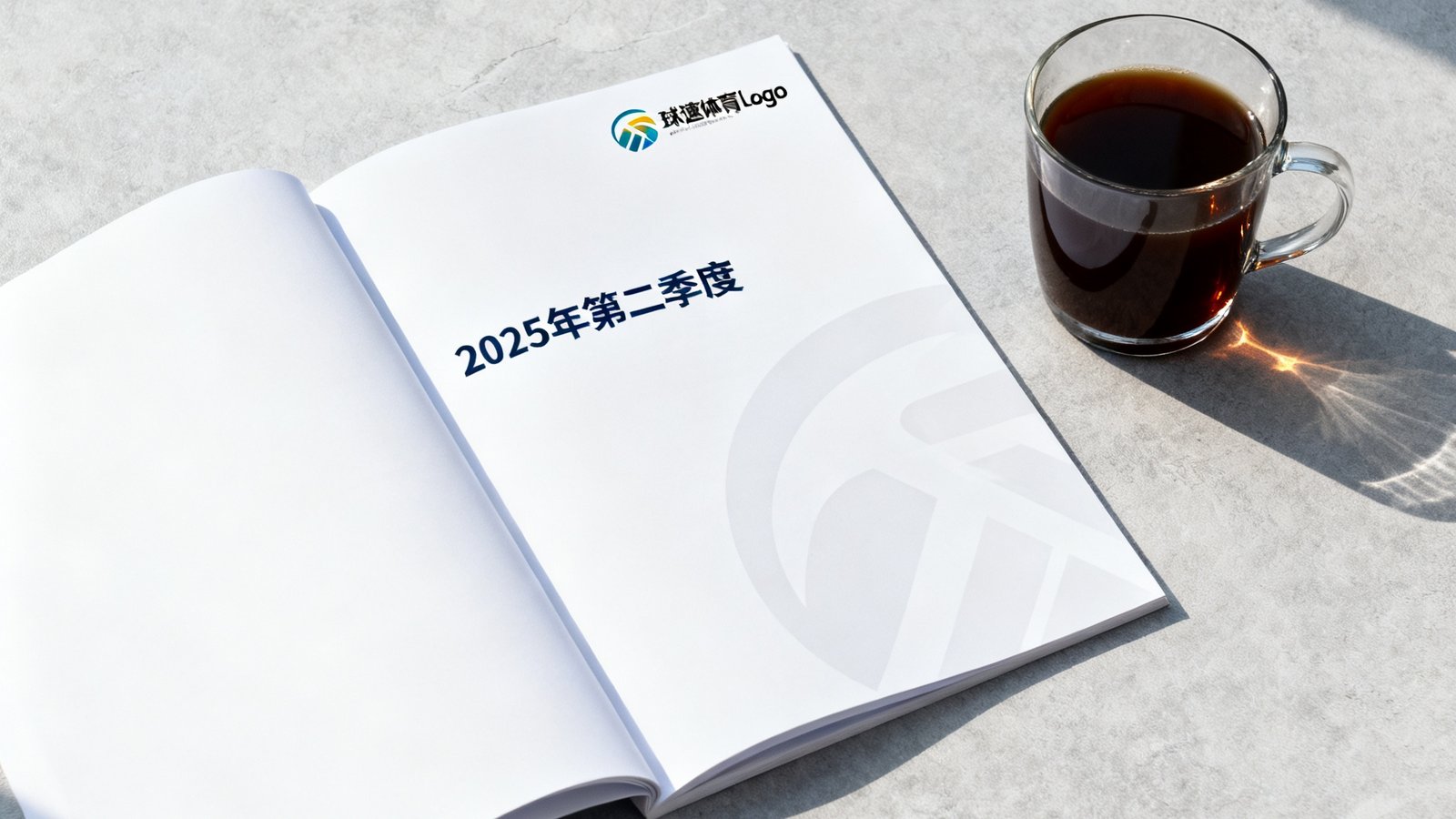 一份翻开的白色数据报告封面印有球速体育Logo和2025年第二季度字样,背景是浅灰色桌面和一杯咖啡